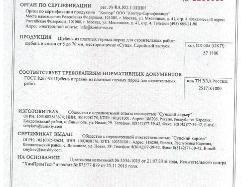 Сертификат на гранитный щебень
